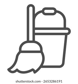 Ícone da linha de balde e vassoura, conceito de estação de primavera. Gráficos vetoriais. Trabalho de limpeza de piso, sinal de serviço doméstico no fundo branco, ícone de estilo de contorno para design móvel ou web