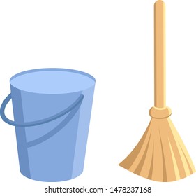 Bucket and broom. Pail with handle and besom with stick. Housework tools for cleaning garbage in the house. Cleaning service elements. Isolated on white background. Vector flat cartoon illustration.