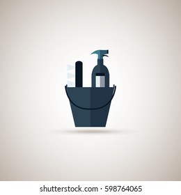bucket with brush and liquid soap illustration, isolated and flat 