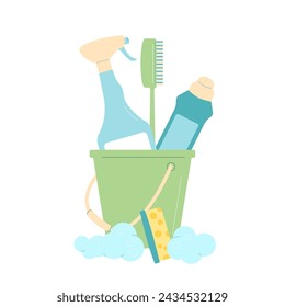 Cubo con cepillos y botellas para limpieza. Herramientas de limpieza aisladas sobre fondo blanco. Ilustración plana del vector del concepto de lavado.