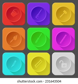 cubeta, pinza de freno, mallet, lanza, destornillador, nivel de espíritu, cuchillo, motosierra, cerradura abierta. Iconos vectoriales de conjunto de colores.