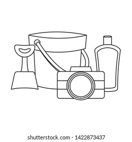 bucket with camera and bottle of blocker
