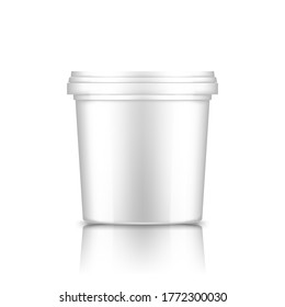 Bucket with cap mockup: ice cream, yoghurt, mayonnaise, paint, or putty container. Plastic package design. Blank food or decor product template. 3d vector illustration isolated on white background