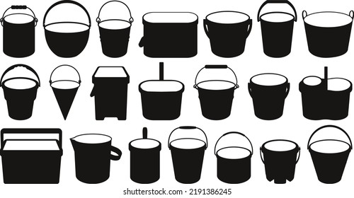 Bucket cartoon set plastic bucketful isolated Vector Silhouettes