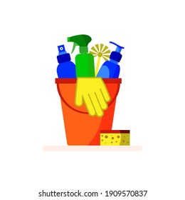 Bucket with cleaner bottles and spray, brush, gloves vector illustration