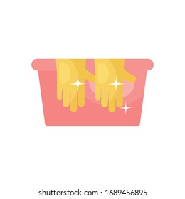 icono de guantes de cubo y de limpieza sobre fondo blanco, estilo plano, ilustración vectorial