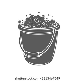 Bucket of cleaning soapy foam glyph icon vector illustration. Stamp of basin with soap bubbles and water to clean room floor with mop, laundry pail and plastic bowl, cleaning service equipment