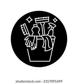 Bucket with cleaning supplies black line icon. Cleaning company. Pictogram for web page, mobile app, promo.