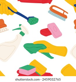 Bucket with cleaning supplies, bottles, spray, sponge, brush, gloves. Various Cleaning items. Housework concept. Hand drawn Vector seamless Pattern. Square Background, Wallpaper
