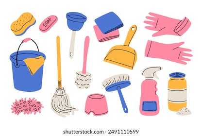 Bucket with cleaning supplies, bottles, spray, sponge, brush, gloves. Various Cleaning items. Housework concept. Hand drawn Vector illustration. All elements are isolated