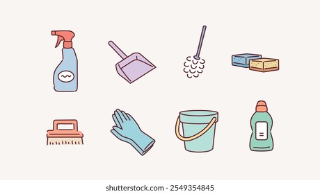 Bucket with cleaning supplies, bottles, spray, sponge, brush, gloves. Various Cleaning items. Housework concept. Hand drawn style vector design illustrations.