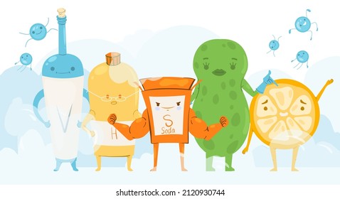 Bucket with cleaning supplies bottles. Various Cleaning items. Housework concept. Hand drawn Vector illustrations.