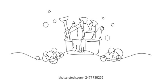 Bucket with cleaning supplies in one continuous line drawing. Cleanup and washing concept in simple linear style. Household and housekeeping symbol in editable stroke. Contour vector illustration