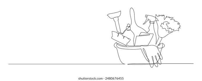 Bucket with cleaning supplies in one continuous line drawing. Cleanup and washing concept in simple linear style. Household and housekeeping symbol in editable stroke. vector illustration