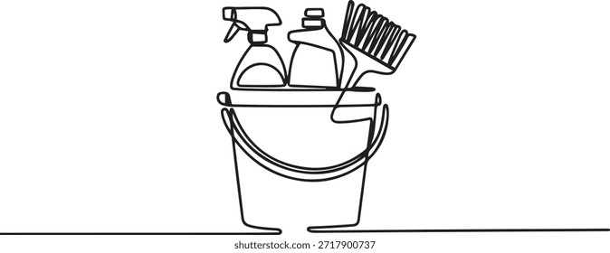 Cubo con suministros de limpieza en un dibujo de línea continua. Concepto de limpieza y lavado en estilo lineal simple. Símbolo del hogar y del servicio de limpieza en un trazo editable. dibujo de un icono de línea
