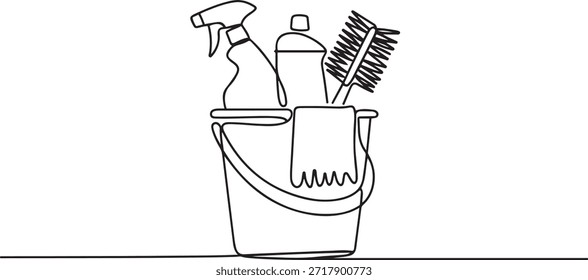 Cubo con suministros de limpieza en un dibujo de línea continua. Concepto de limpieza y lavado en estilo lineal simple. Símbolo del hogar y del servicio de limpieza en un trazo editable. dibujo de un icono de línea
