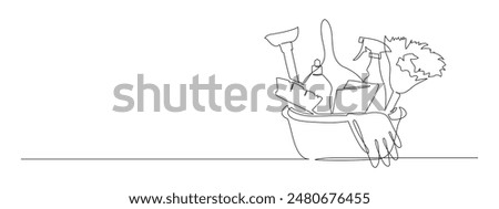 Bucket with cleaning supplies in one continuous line drawing. Cleanup and washing concept in simple linear style. Household and housekeeping symbol in editable stroke. vector illustration