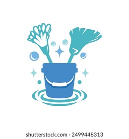 Cubo y herramientas de limpieza símbolo de logotipo estilo moderno para colorear diseño de ilustración de dibujos animados