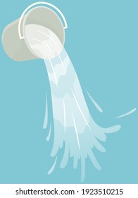 Bucket With Clear Fresh Or Salt Water Pouring Out Of It. Container With Liquid Inside. Iron Pail Without Handle Splashes. Water Pours Out And Spills. Bucket On Blue Background Vector Illustration