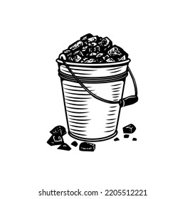 
Bucket with coal.Hand draw vector illustration. Isolated object on a white background. Coal mining sketch.
