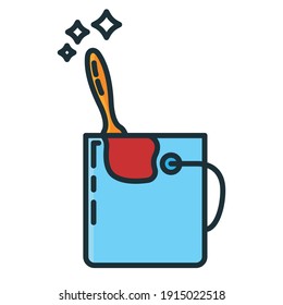 Bucket of construction paint with brush renovation house icon toolkit, concept repair building line flat vector illustration, isolated on white. Working instrument stuff object.