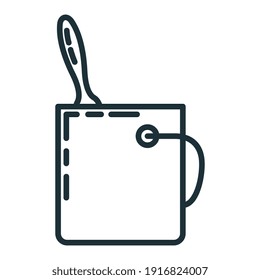Bucket of construction paint with brush renovation house icon toolkit, concept repair building line flat vector illustration, isolated on white. Working instrument stuff object.