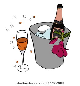 bucket containing ice and a bottle of sparkling wine, glass bowl with alcoholic drink, celebration, vector illustration