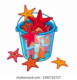 A bucket containing vibrant starfish. Perfect for beach vacation branding, tropical designs, and summer inspired products.