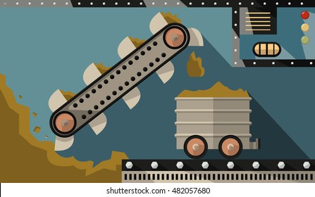 bucket conveyor dig ore and load it into the trailer. Mining and heavy industry. Vector Illustration