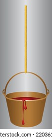 Bucket of copper on a rope with red paint. Vector illustration.