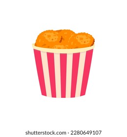 Bucket with crispy chicken pieces vector illustration. Cartoon isolated paper box with red and white pattern full of hot nuggets, delicious fried breaded chicken meat from menu of fast food restaurant