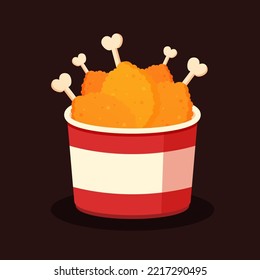 Bucket of crispy deep fried chicken drumsticks isolated. Delicious crunchy fast food concept. Junk food or unhealthy dish. Cute cartoon restaurant meal icon. Flat vector graphic design illustration. 