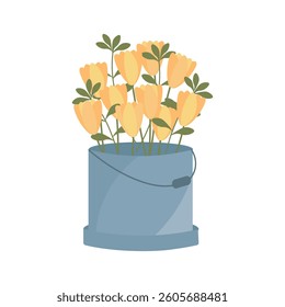 Bucket with a cute bouquet of spring flowers. Illustration, spring postcard