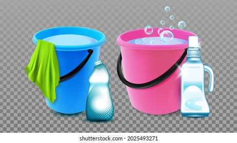 Eimer mit entzündbarer Flasche und Rag-Vektorgrafik. Eimer mit chemischer Flüssigkeit und Mikrofaser Napkin zum Waschen des Bodens. Saubere Housekeeping Accessory Template realistische 3D-Illustration