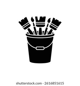 Bucket with Dirty Brushes Inside Icon in Black