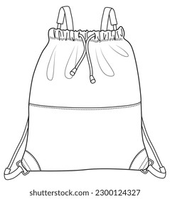 bucket drawstring bag flat sketch vector illustration technical cad drawing template