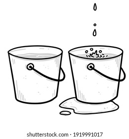 Bucket. Drops of water and a leak. Full pail. Sketch doodle illustration