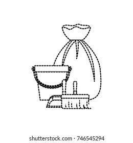 bucket and dustpan and broom and garbage bag in monochrome dotted silhouette vector illustration