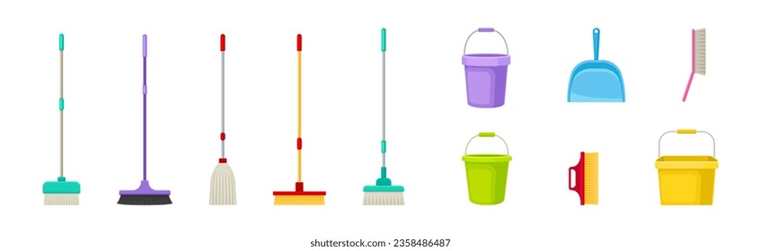 Bucket, Dustpan, Mop and Broom for Cleaning and Sweeping Floors Vector Set