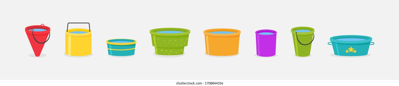 The bucket is empty and filled with water. Set of realistic 3d colored empty plastic buckets with handle. Water pails isolated on background. Vector illustration, EPS 10.