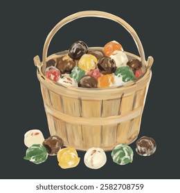 A bucket filled with chocolates, gumdrops, and candy bars, ideal for holiday candy packaging, event promotions, and treat marketing.