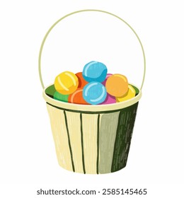 A bucket filled with colorful bonbons. Perfect for branding, holiday treats, and colorful candy packaging.