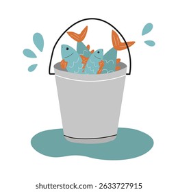 Bucket filled with colorful fish splashing in water during a sunny day at the beach.Flat style vector illustration.