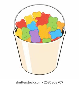 A bucket filled with colorful gummy bears, perfect for snack promotions, kids’ events, and playful packaging designs.