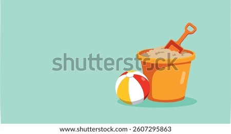 bucket filled with sand and a beach ball