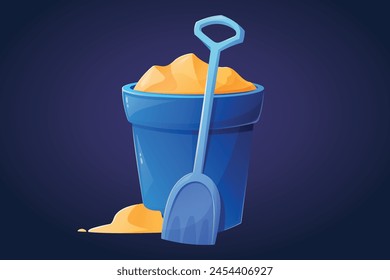 A bucket filled with sand and a children's shovel. Toy set with a digging scoop. Vector isolated cartoon illustration.