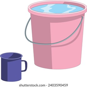 Bucket filled with water and mug vector illustration