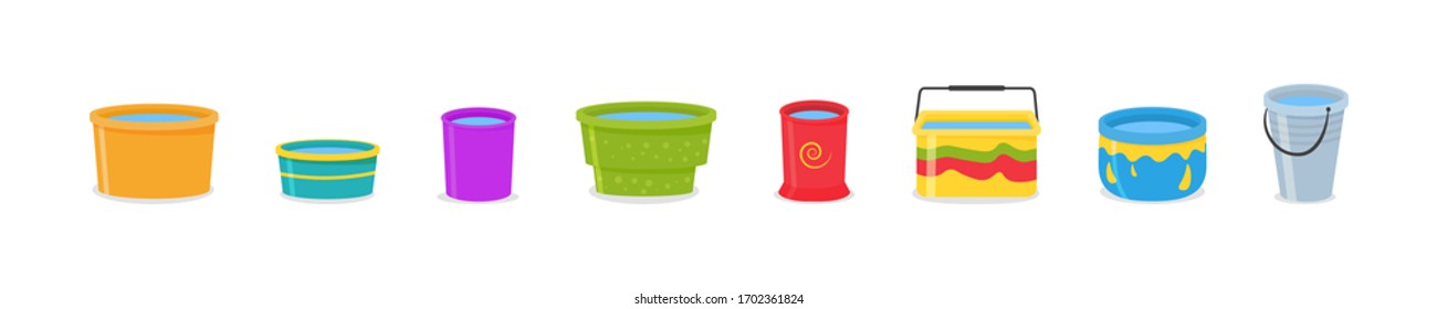 The bucket is filled with water. Set of realistic 3d colored plastic buckets with handle. Water pails isolated on background. Vector illustration, EPS 10.