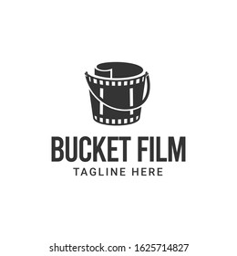 Bucket film maker logo design. Film strip with bucket vector illustration for movie studio production graphic template.