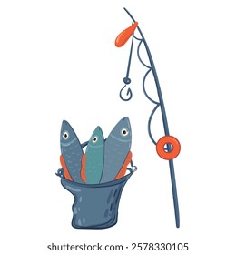 Bucket with fish and fishing rod with float and hook for fishing. Fishing tackle. Vector isolated illustration on white background.